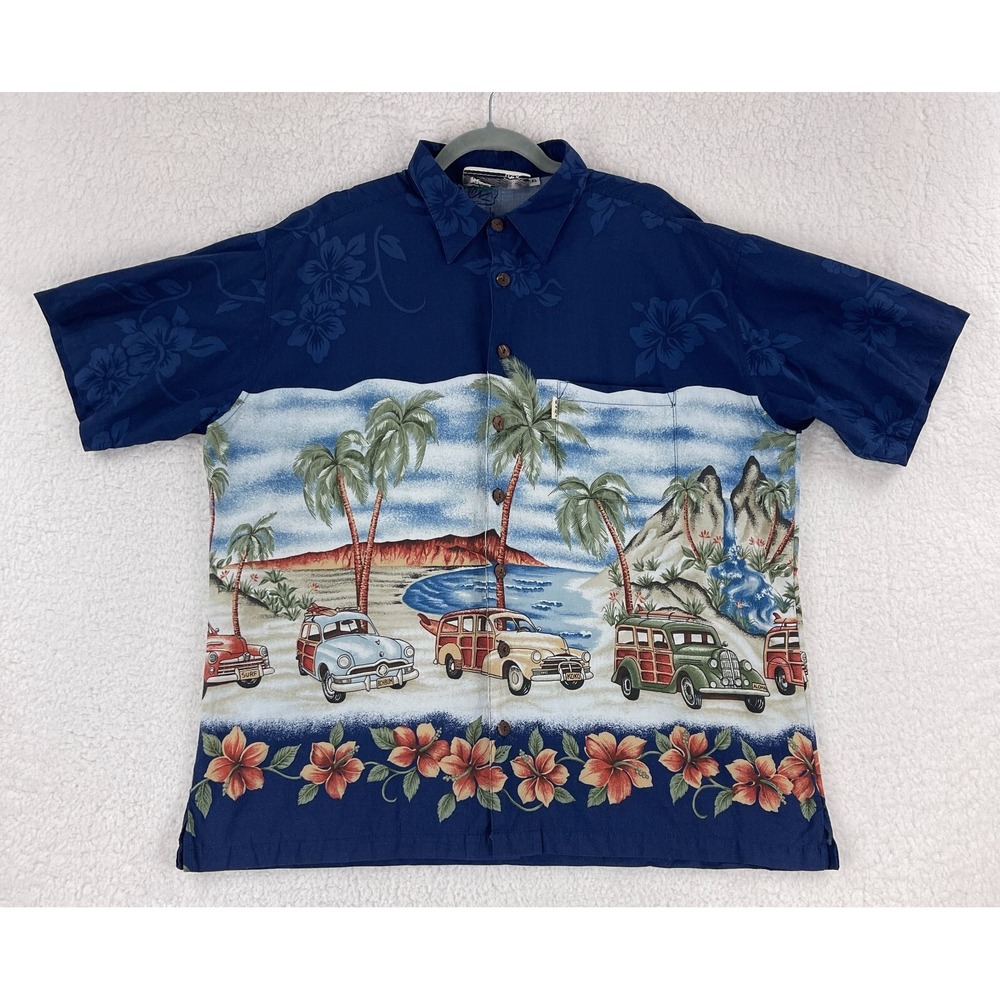 KoKo‎ Island Blue Button-Up Hawaiian Shirt Mens Cars VTG Short Sleeve Size XL